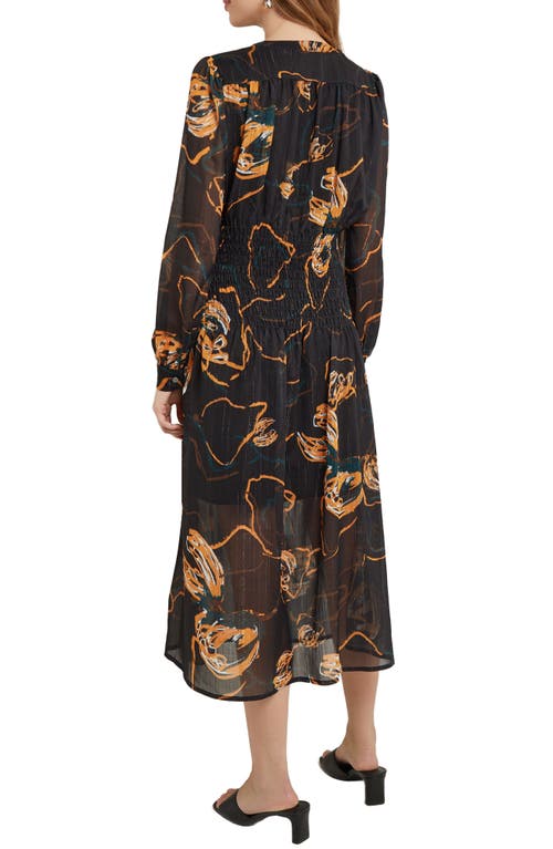 Misook Print Smocked Waist Long Sleeve Midi Dress In Black/ Ochr/ Mul