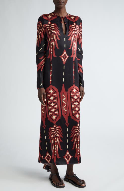 Shop Johanna Ortiz Relics Of Wisdom Long Sleeve Silk Maxi Dress In Apacheria Black-marsala-ecru