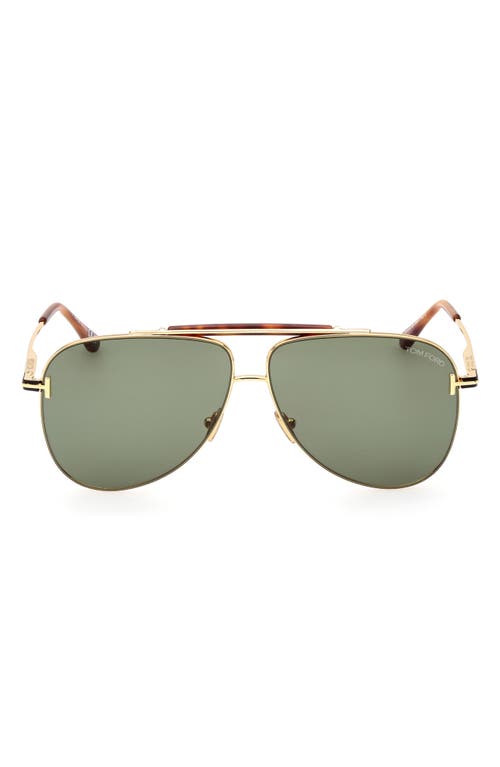 Tom Ford 60mm Pilot Sunglasses In Shiny Deep Gold/green