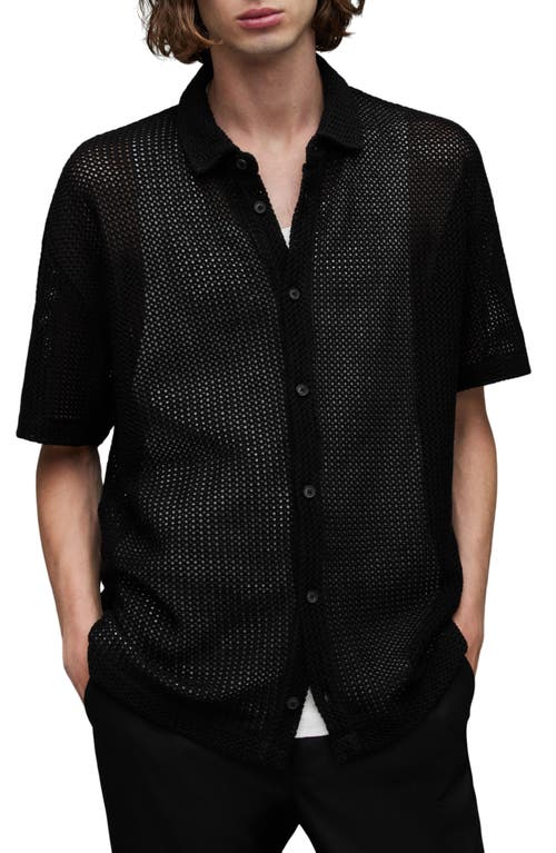 AllSaints Munro Open Stitch Short Sleeve Cotton Button-Up Shirt in Jet Black 