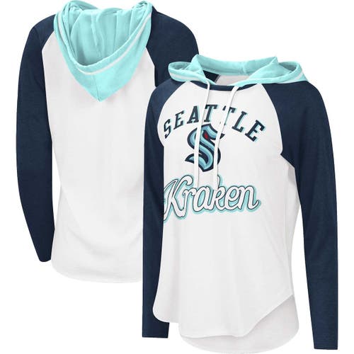 G-III SPORTS BY CARL BANKS Women's Starter White/Deep Sea Blue Seattle Kraken MVP Raglan Hoodie T-Shirt