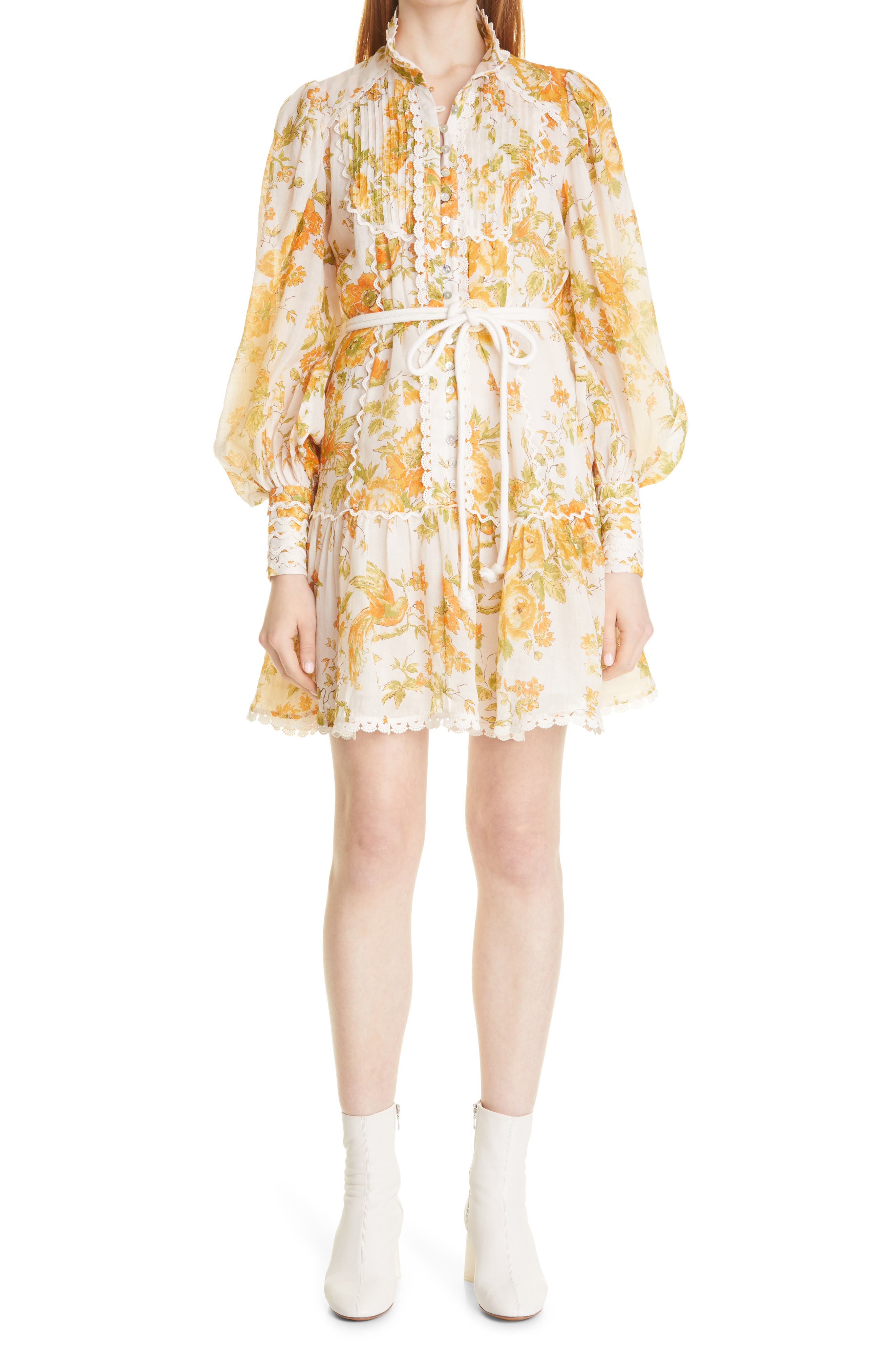 ALEMAIS Songbird Floral Print Ruffle Minidress in Citrus at Nordstrom, Size 4 Us