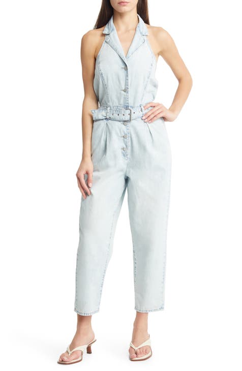 Halter Neck Belted Denim Jumpsuit