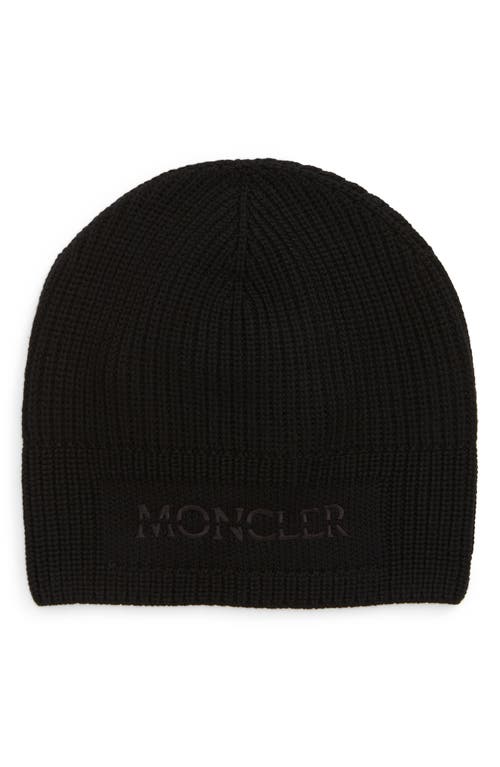 Moncler Tonal Logo Virgin Wool Beanie in Black