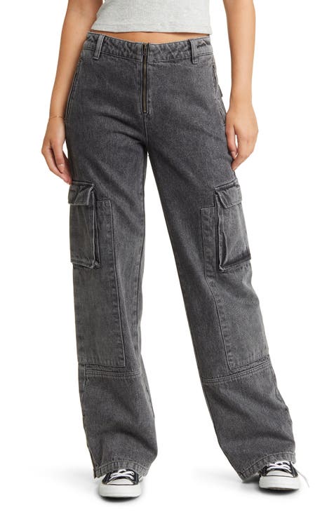 Plus Size High Waist Wide Leg Cargo Jeans - Medium Wash