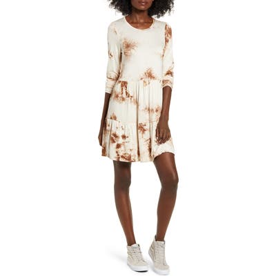 Love, Fire Tie Dye Long Sleeve Babydoll Dress, Beige