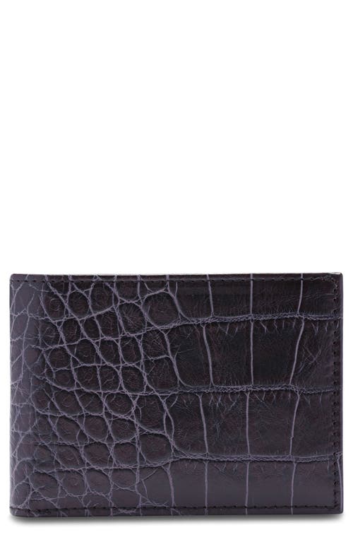 Bosca Croc Embossed Leather Small Bifold Wallet in Dark Brown