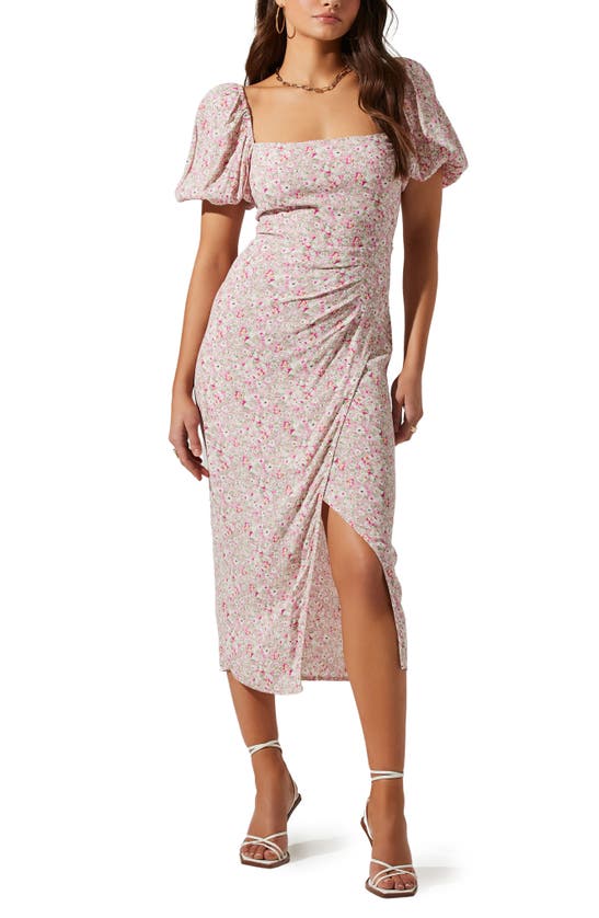 Astr Puff Sleeve Front Slit Midi Dress In Pink Multi Ditsy