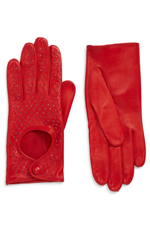 Leather & Crystal Driving Gloves in Red With Crystals