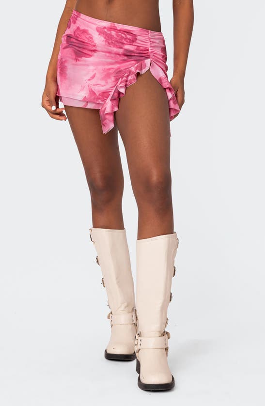 Shop Edikted Wanda Floral Ruffle Detail Mesh Miniskirt In Pink