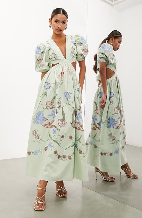 ASOS DESIGN Floral Embroidered Cutout Puff Sleeve Maxi Dress in Light Green