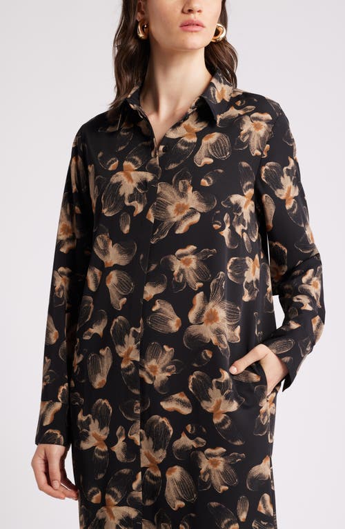 Shop Nordstrom Long Sleeve Satin Midi Shirtdress In Black- Tan Carbon Floral