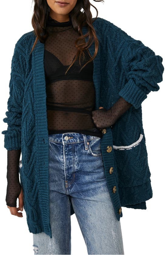 Free People Montana Cable Cotton Cardigan In Varsity Navy