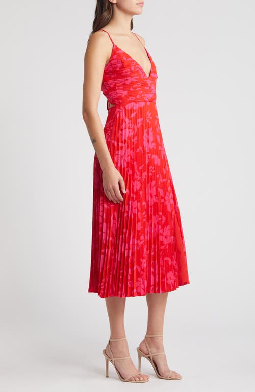 Shop Lulus Vibrant Moment Floral Pleated Midi Cocktail Dress In Red/hot Pink