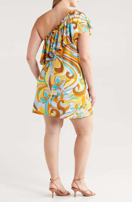 24seven Comfort Apparel Mod Floral Print One-shoulder Minidress In Yellow Multi