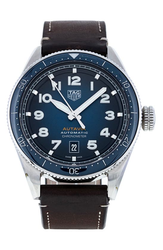 Shop Watchfinder & Co. Tag Heuer  2020 Autavia Automatic Leather Strap Watch, 42mm In Brown / Blue