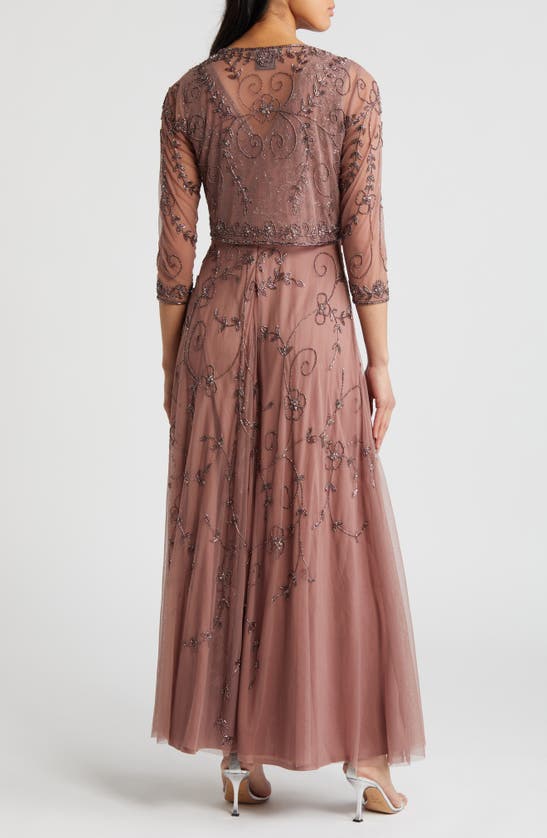 Pisarro Nights Beaded Mesh Gown With Jacket In New Mauve