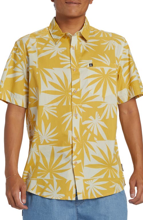 Shop Quiksilver Apero Frond Print Short Sleeve Organic Cotton Button-up Shirt In Ochre Apero Organic