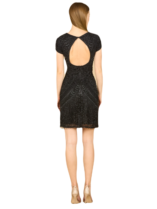 Lara New York Brooklyn Beaded Fitted Short Dress With Open Back In Black
