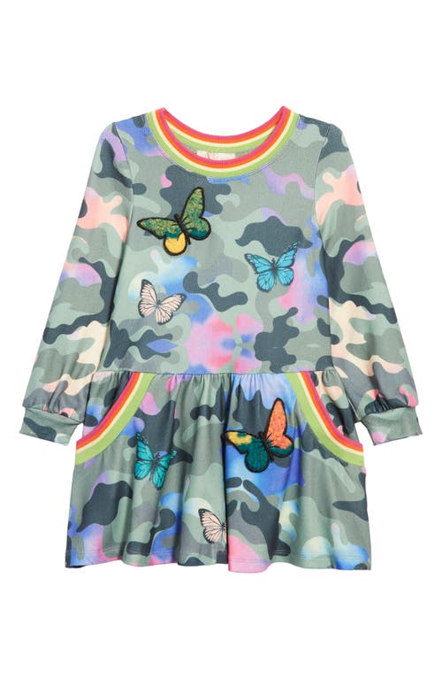 Truly Me Kids' Camouflage 3D Butterfly Appliqué Knit Dress in Olive Multi