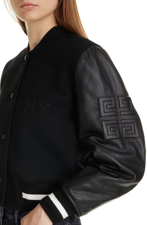 Shop Givenchy Regular Fit Leather & Wool Blend Crop Varsity Jacket In Black/white