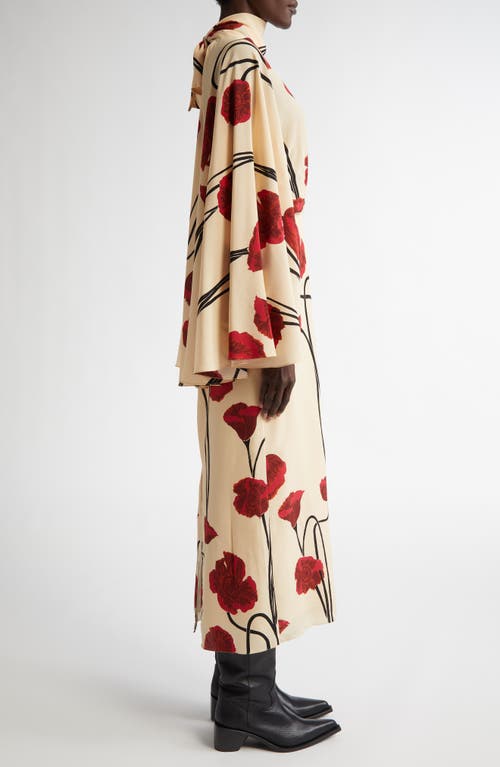 Shop Johanna Ortiz Parajes Lejanos Long Sleeve Silk Midi Dress In Papaver Somniferum/ecru