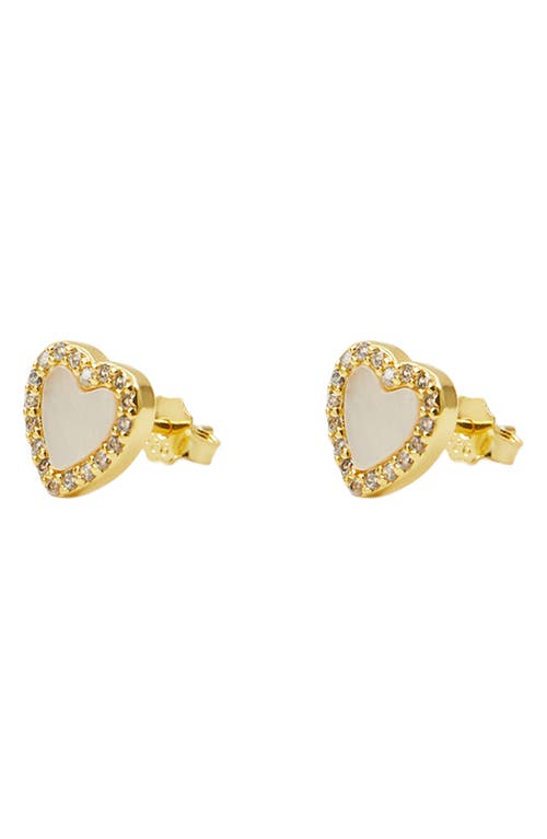Pavé Mother-of-Pearl Heart Stud Earrings in Gold