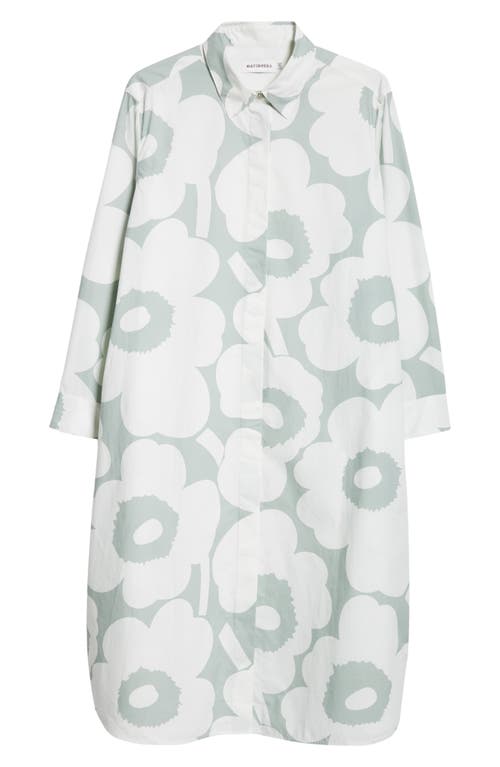 Shop Marimekko Runoelma Unikko Long Sleeve Poplin Shirtdress In Greyish Green/light Green