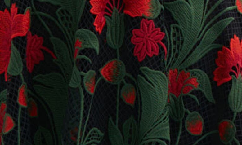 Shop Oscar De La Renta Strapless Multicolor Marbled Carnation Guipure Lace Midi Dress In Red/ Green/ Black