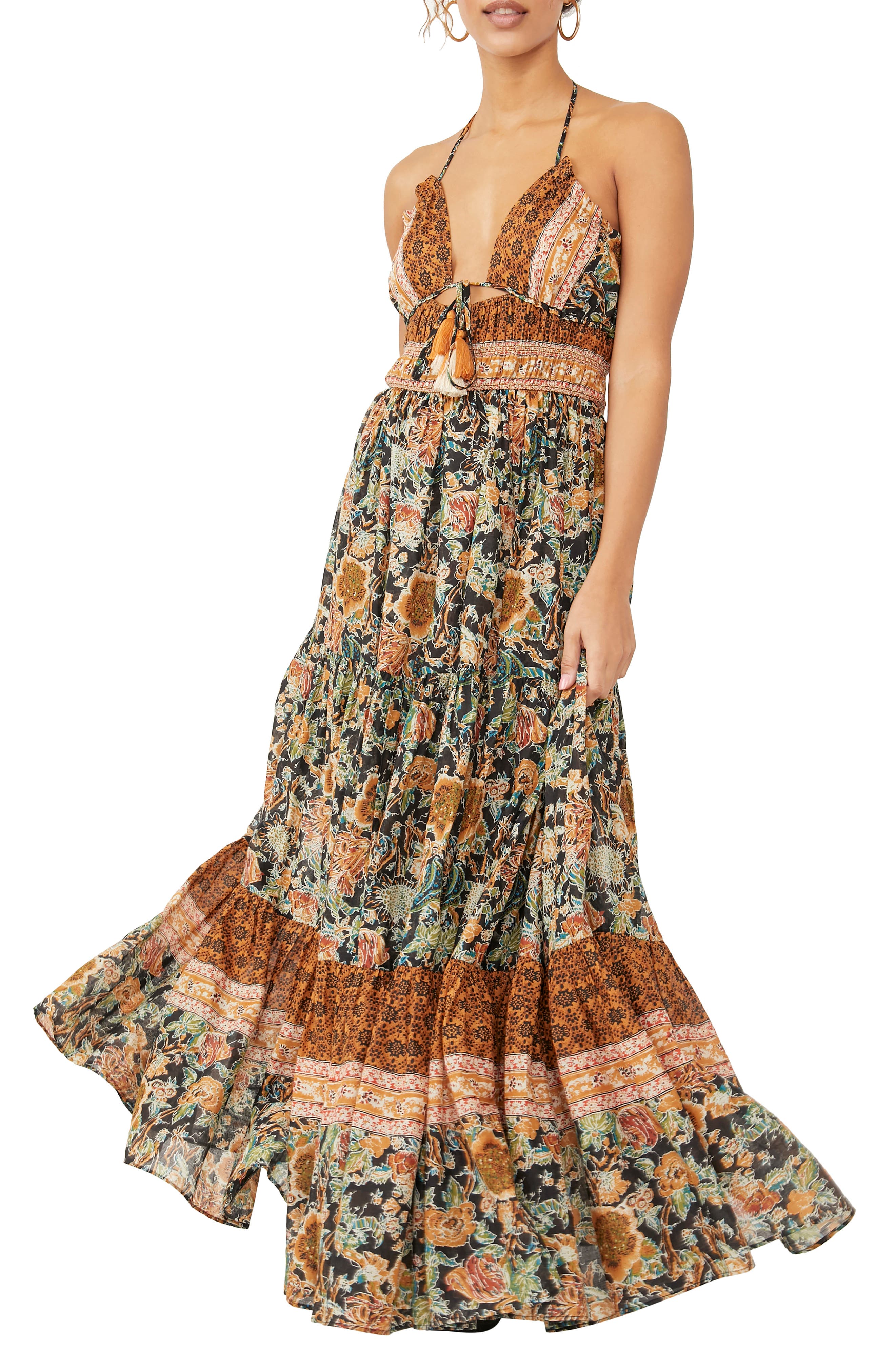 Foshow Womens Floral Maxi Dress 3/4 Sleeve Empire Waist Floor Length Boho Pleated Casual Dresses