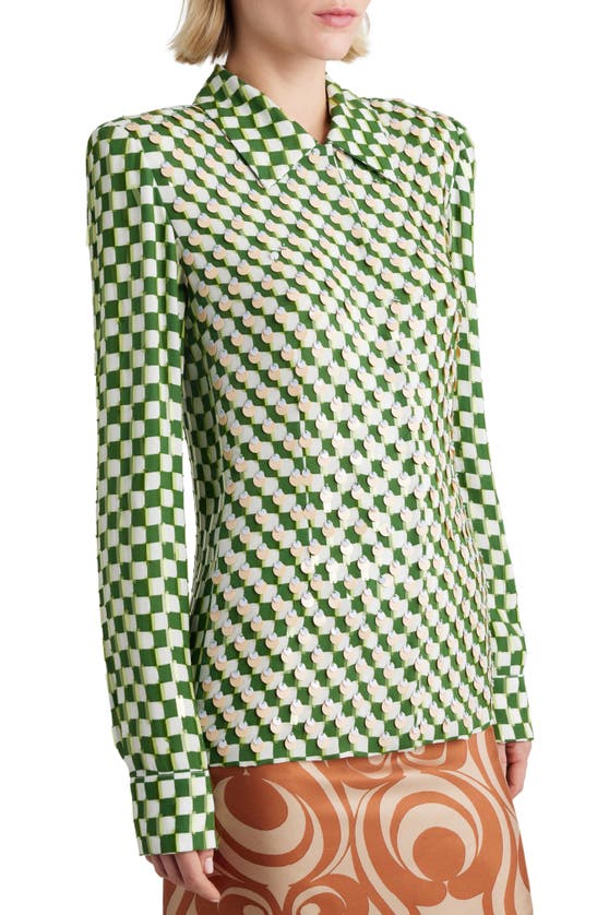 Shop Dries Van Noten Paillette Warped Check Button-up Shirt In Green