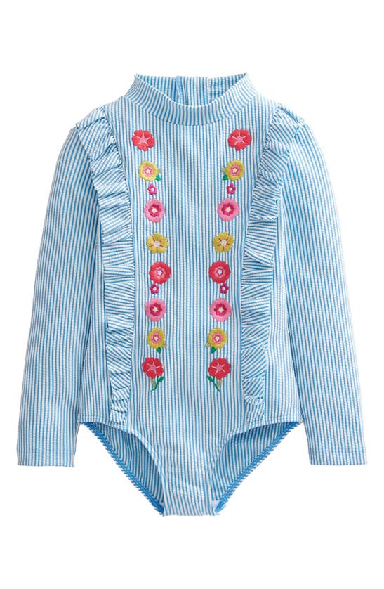Mini Boden Kids' Embroidered Long Sleeve One-piece Swimsuit In Ivory Surfboard Blue Stripe