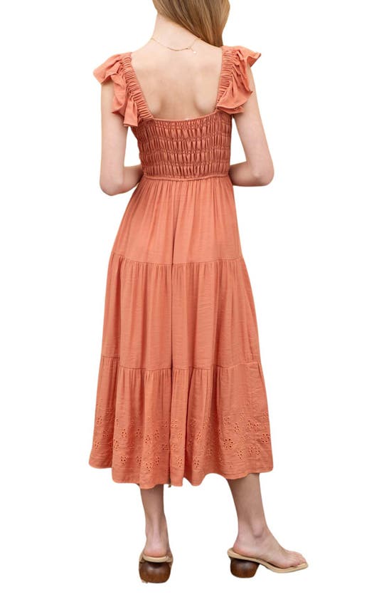Shop Blu Pepper Eyelet Flutter Sleeve Midi Dress In Dusty Orange