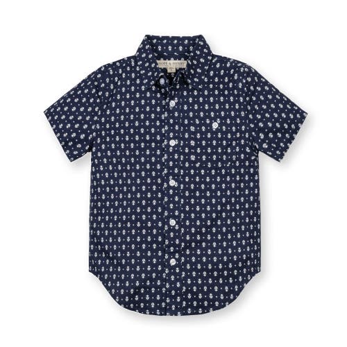 Hope & Henry Boys' Linen Short Sleeve Button Down Shirt, Kids In Navy Riviera Print
