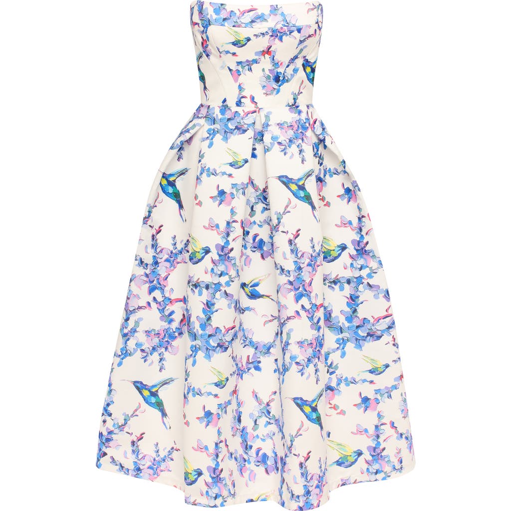 Milla Strapless Midi Dress With Bird And Flower Print, Garden Of Eden In Lavender Birds