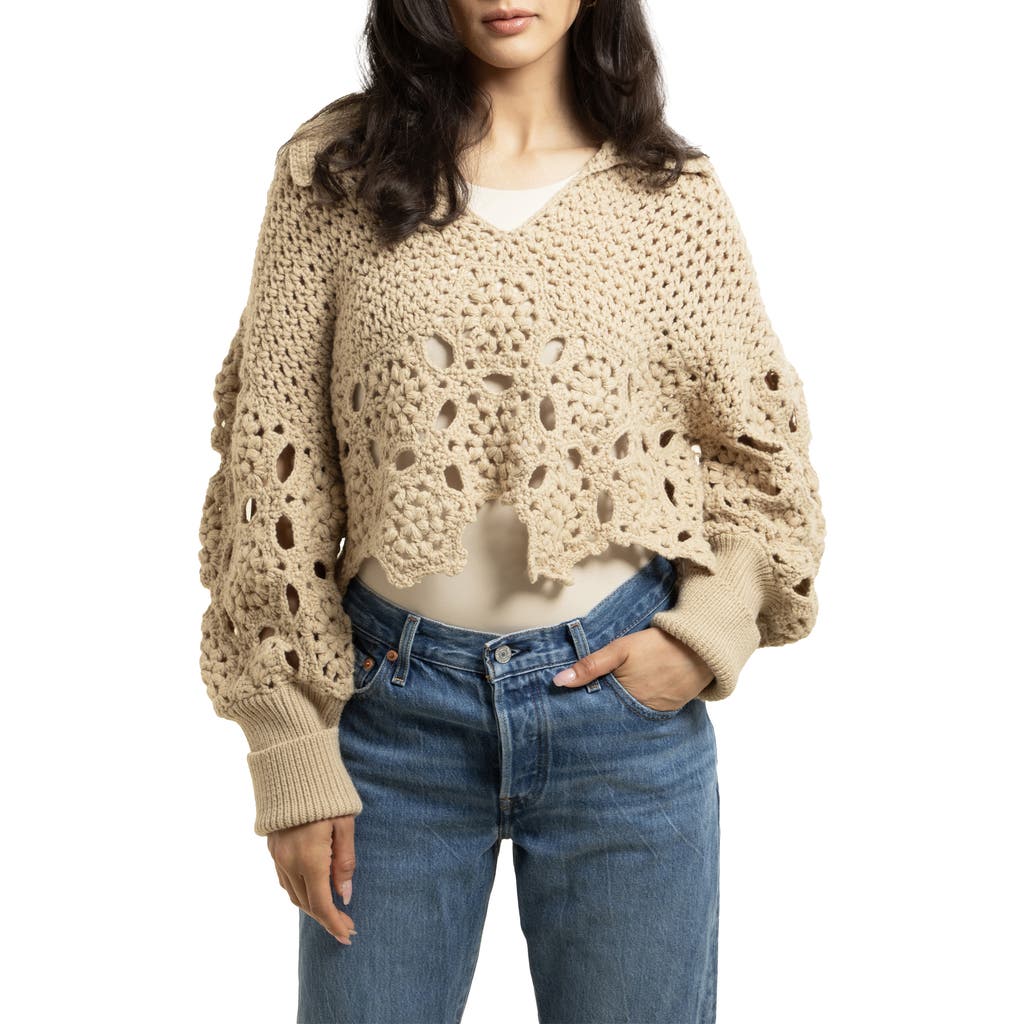 Saachi Chunky Crochet Cardigan Sweater In Beige
