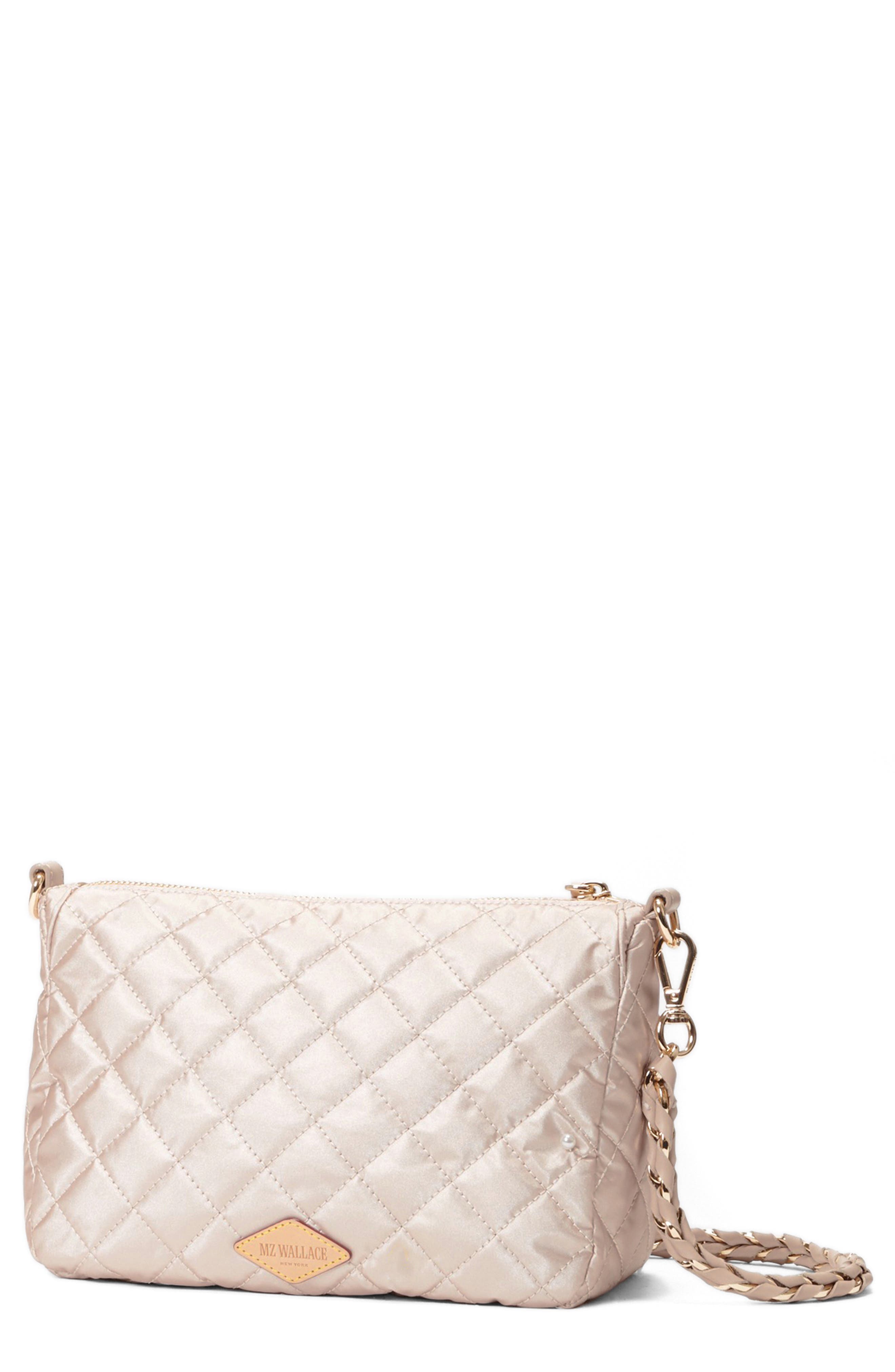 MZ Wallace Crosby Ella Quilted Nylon Crossbody Bag in Pale Rose Gold Metallic 