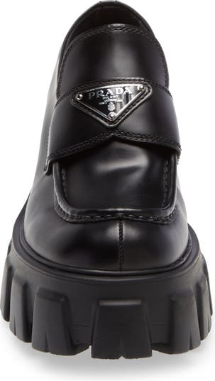 Prada Women's Logo Lug-Sole Leather Loafers - Nero - Size 11