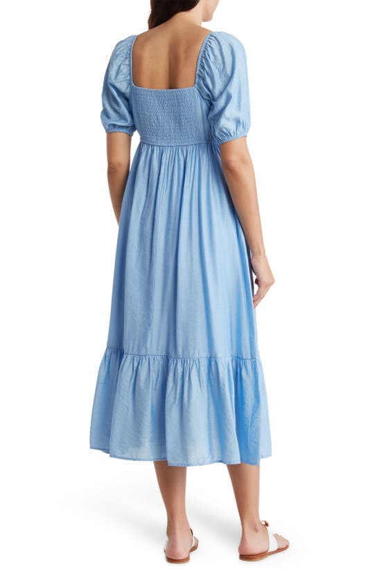Shop August Sky Pleated Square Neck Midi Dress In Blue