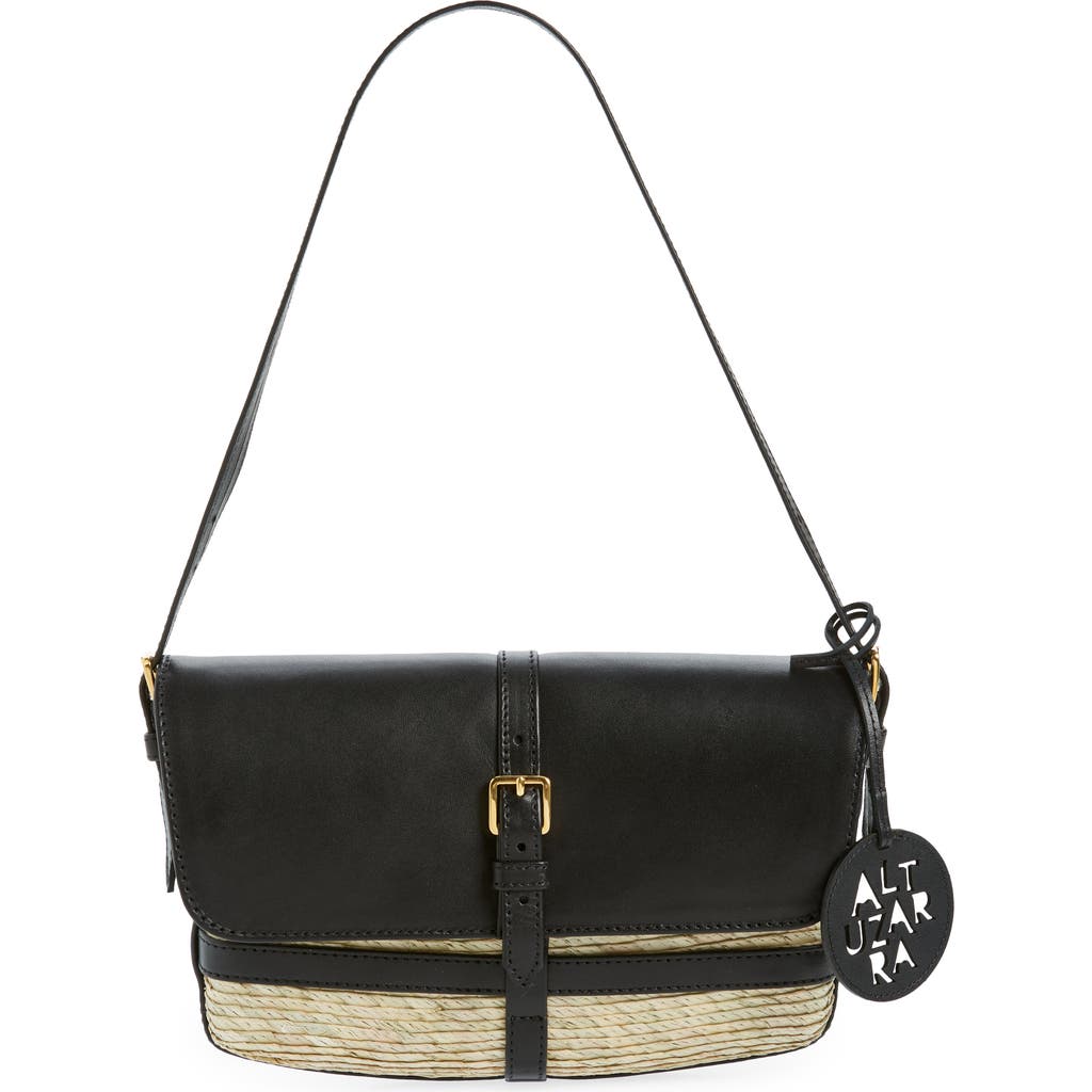 Altuzarra Watermill Flap Leather & Woven Palm Shoulder Bag In Natural/black