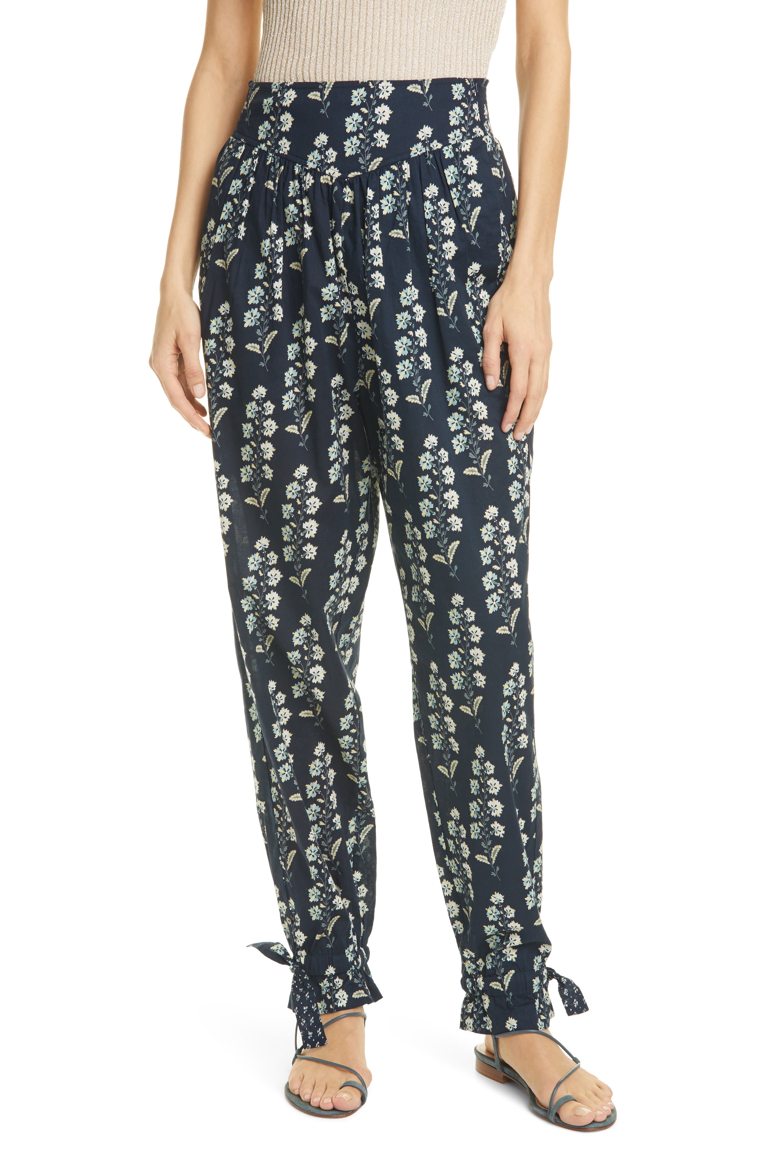 Women's La Vie Rebecca Taylor Larkspur Floral Cotton Pants, Medium - Blue Women's La Vie Rebecca Taylor Larkspur Floral Cotton Pants, Medium - Blue