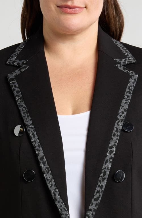 Shop Anne Klein Leopard Trim Faux Double Breasted Blazer In Anne Black Multi