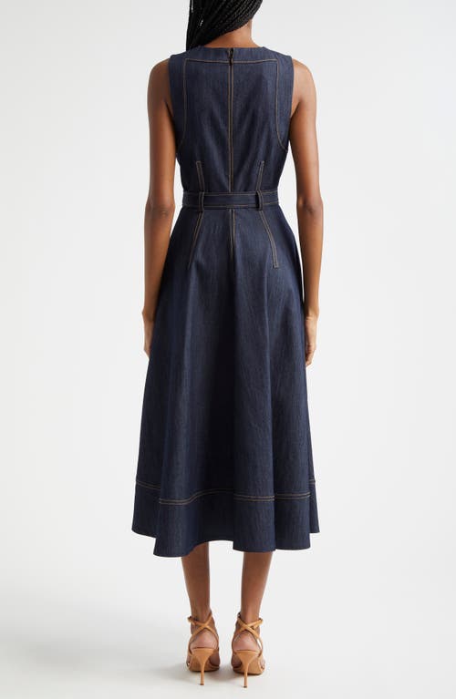 Cinq À Sept Zelda Belted Asymmetric Sleeveless Denim Midi Dress In Indigo