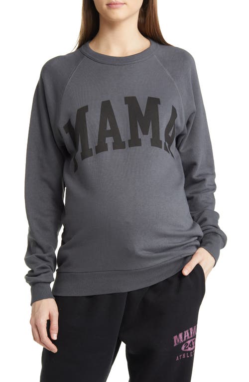 Bun Maternity Mama Wash Terry Fleece Graphic Sweatshirt in Dark Gray