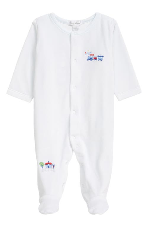 Kissy Kissy Train Print Velour Footie in Light Blue