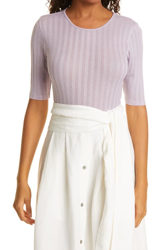 VINCE RIBBED ELBOW SLEEVE COTTON KNIT TOP