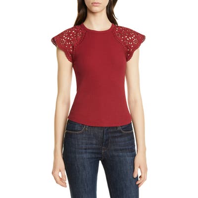 La Vie Rebecca Taylor Lace Cap Sleeve Stretch Cotton Top, Red