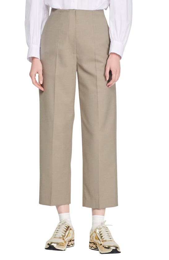 Sandro Bandol High Waist Cropped Trousers In Taupe Grey