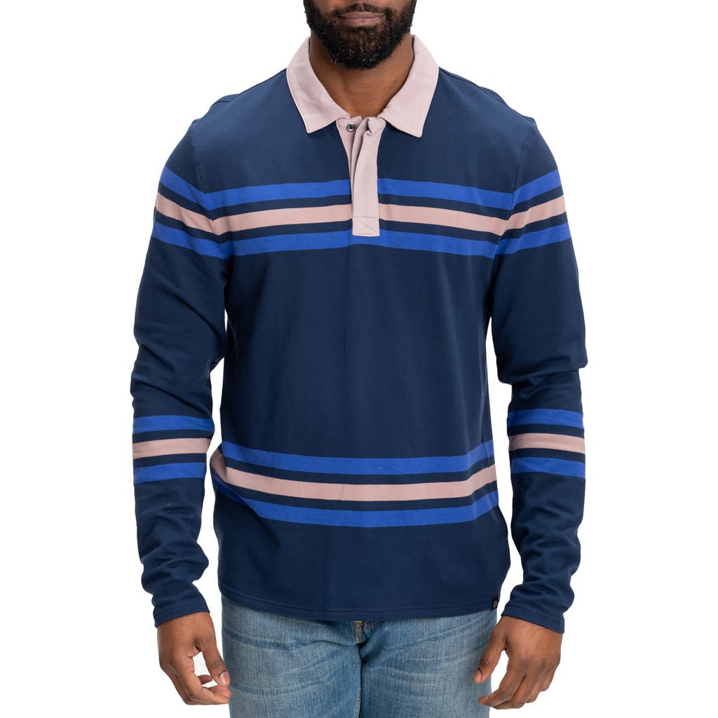 Shop Threads 4 Thought Ashby Stripe Long Sleeve Organic Cotton Blend Piqué Polo In Raw Denim/eclipse
