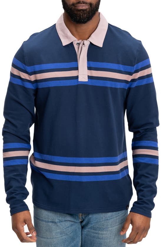 Shop Threads 4 Thought Ashby Stripe Long Sleeve Organic Cotton Blend Piqué Polo In Raw Denim / Eclipse